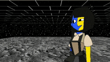 a cartoon character with a blue and yellow face is standing in a room with stars in the background .