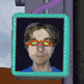 a pixelated image of a man wearing glasses and a blue shirt