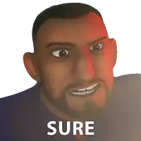 a cartoon man with a beard is smiling and the word sure is above him