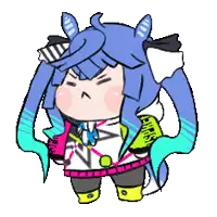 a cartoon drawing of a girl with blue hair and a ponytail