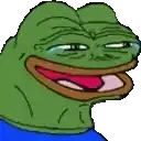 a cartoon frog with a blue shirt is smiling and crying with his eyes closed .