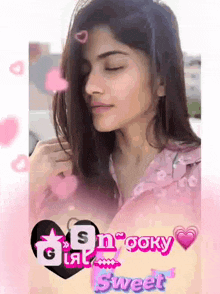 a woman with her eyes closed is surrounded by pink hearts and the words spooky sweet