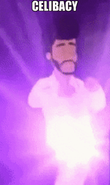 a man with a beard is standing in front of a purple background with the words " celibacy " on it