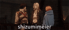 three anime characters are standing next to each other with shizuimimeier written on the bottom right