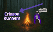 a crimson runner is standing in front of a fire in the woods