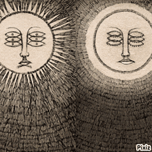 a black and white drawing of the sun and moon with pixiz written on the bottom right