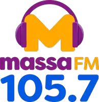 a logo for massa fm 105.7 with headphones on the m
