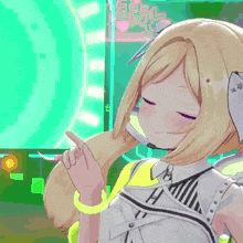 a blonde anime girl with a microphone on her head is pointing at something