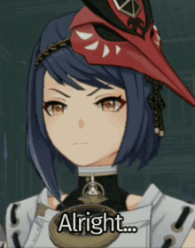 a cartoon character with a mask on her head and the words alright on her chest