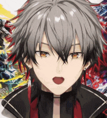 a close up of a person 's face with gray hair and red eyes .