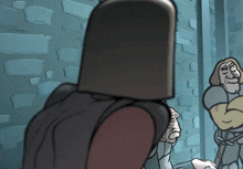 a cartoon of a man in a helmet standing next to another man