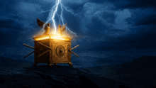 a lightning bolt strikes a box with angels on top