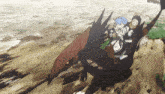 a group of people are riding on the back of a black dragon