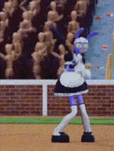 a cartoon character in a maid outfit is dancing on a field