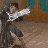 a drawing of a person with a hood and a claw on their arm
