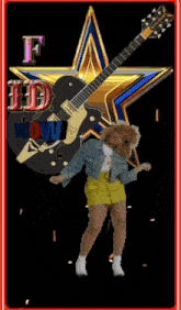 a woman is dancing in front of a guitar and a star with the letter f in red