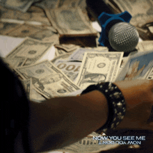 a person is holding a microphone in front of a pile of money that says now you see me