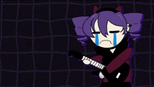 a cartoon girl is crying while holding a guitar .