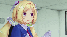 a blonde anime girl with purple eyes and a blue dress