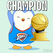 a cartoon of a penguin holding a basketball trophy that says champion