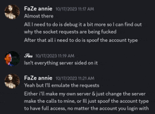 a screenshot of a conversation between faze annie and pus