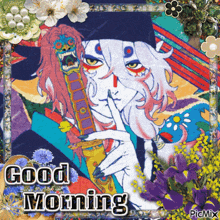 a picture of a man holding a sword with the words good morning