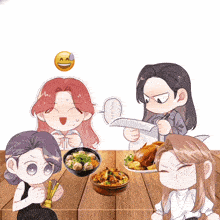 a group of people sitting around a table with food