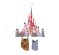 a cartoon of a castle with a cat standing in front