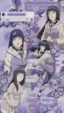a collage of pictures of a girl with purple butterflies