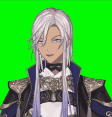 a man with long white hair and blue eyes is wearing a blue jacket