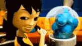 a cartoon girl is talking on a cell phone next to a blue hippopotamus .