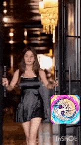 a woman in a black dress opens a door next to a colorful circle that says inshot