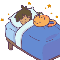 a cartoon drawing of a person sleeping with a cat on the bed