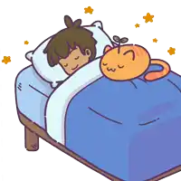 a cartoon drawing of a person sleeping with a cat on the bed