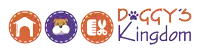 a logo for doggy 's kingdom with a dog and scissors