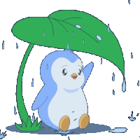 a cartoon of a penguin under a green leaf in the rain