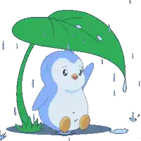 a cartoon of a penguin under a green leaf in the rain