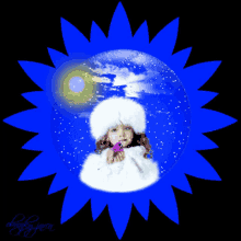 a picture of a little girl in a snow globe with a blue background