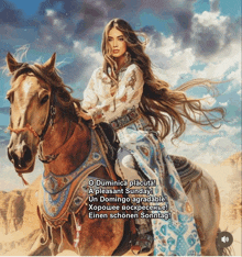 a painting of a woman riding a horse with the words a pleasant sunday on the bottom