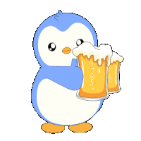 a blue and white penguin is holding a beer mug