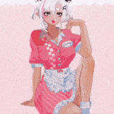 a drawing of a girl with a name tag that says ' dim ' on it