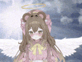 a girl with wings and a halo on her head is wearing a pink dress