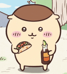 a cartoon character holding a taco and a bottle