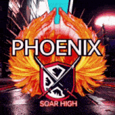 a logo for phoenix soar high shows a shield with crossed swords surrounded by flames
