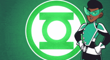 a green lantern standing in front of a green logo