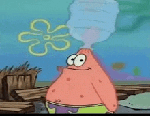 patrick star from spongebob squarepants is holding a water bottle in his hand .