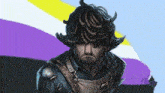 a man with horns on his head is standing in front of a purple , yellow and blue flag .