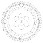 a black and white drawing of a circle with an atom in the middle