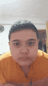 a young boy with a yellow shirt on looks at the camera