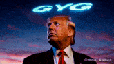 a man in a suit and tie stands in front of a blue sign that says gyg